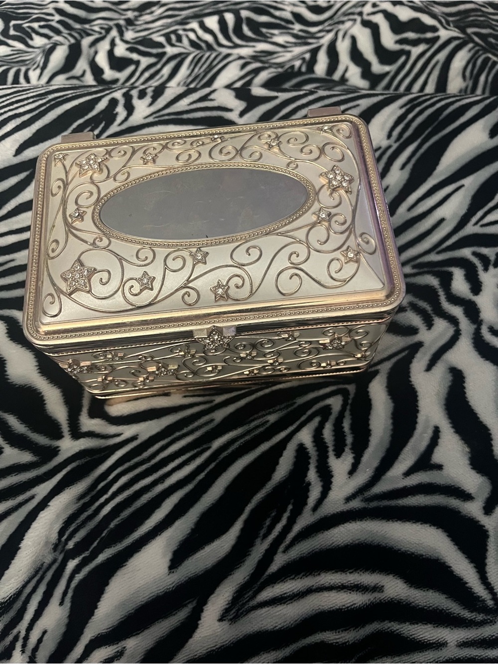 Ornate Silver Tone Decorative Jewelry Box - Elegant Swirl & Star Design